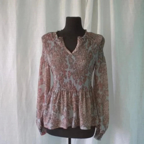 Anthropologie Akemi+Kin Blue Adria Smocked TOP - Picture 2 of 7